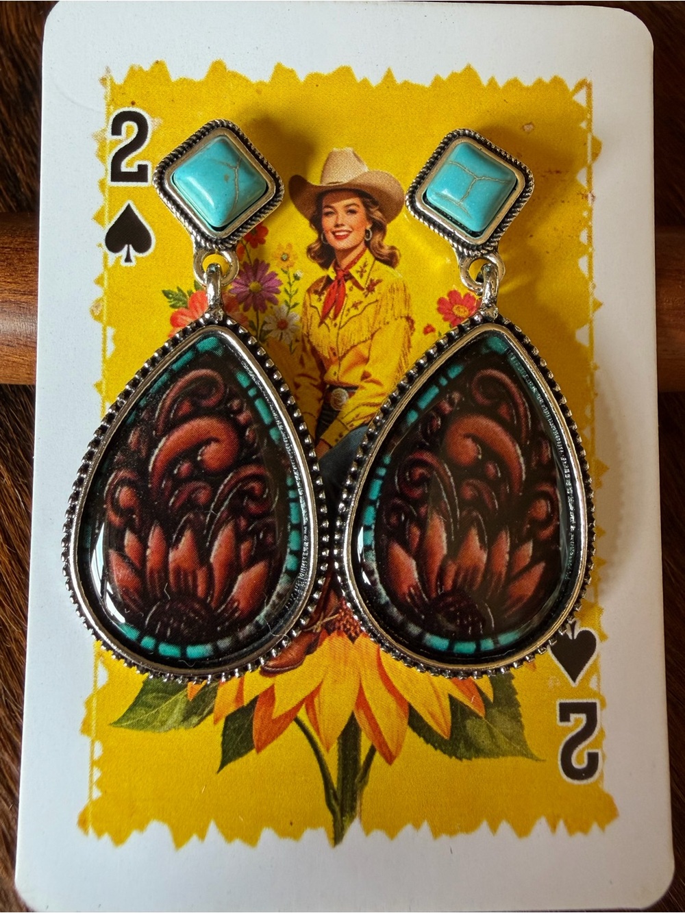 Western Sunflower Teardrop Earrings Cowgirl Boho Boutique Southwest NEW on Card